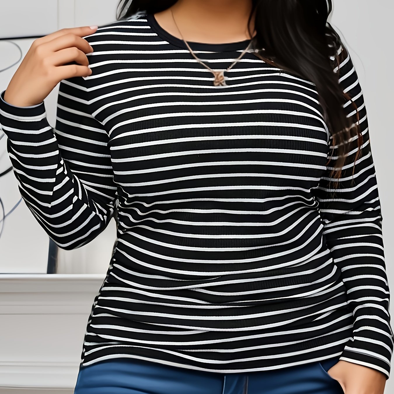 E-shop Plus Size, BESTIE Gestreiftes Elegantes Langarm-Oberteil Vielseitiges Damen Plus Size T-Shirt