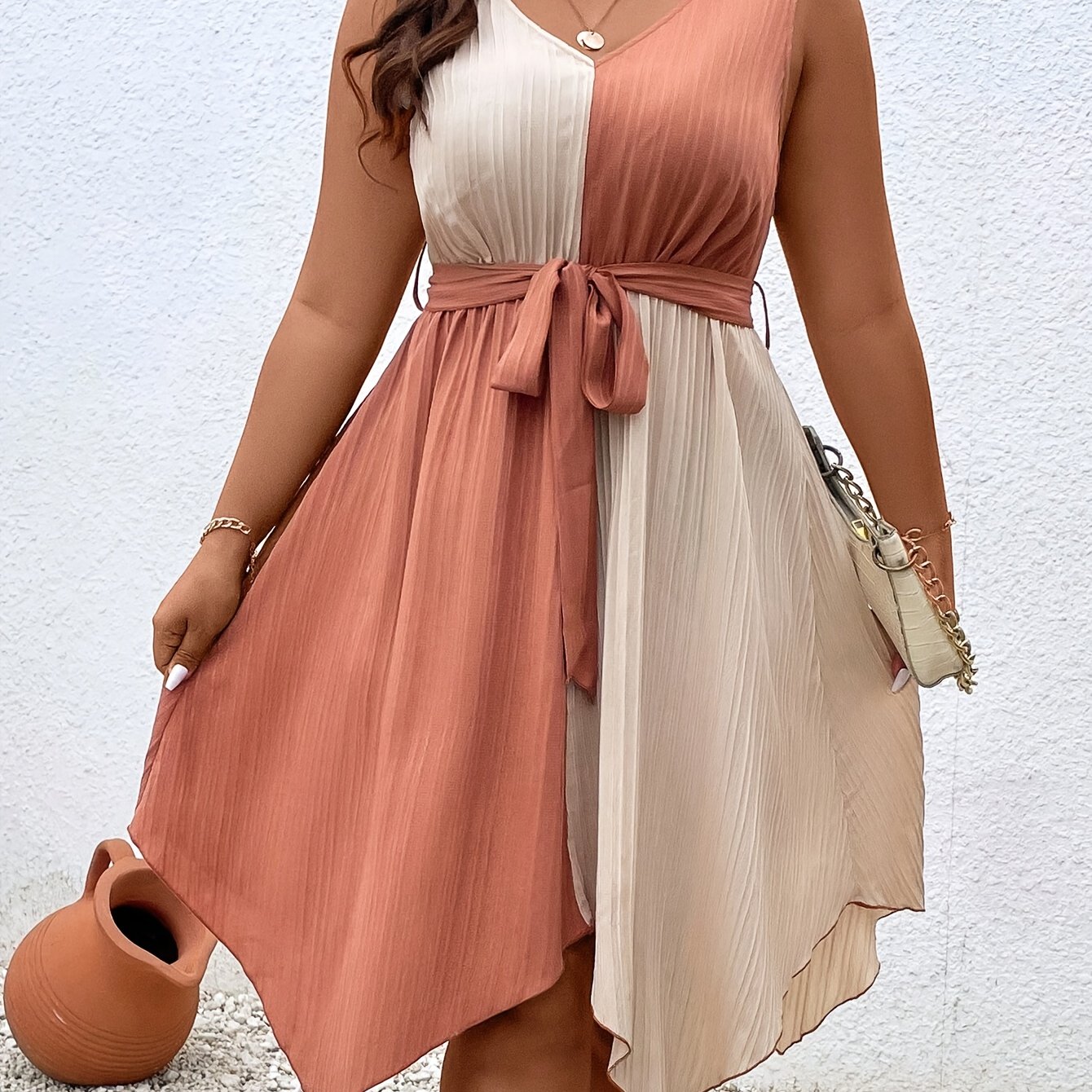 TEMU Asymmetric Hem Tie Waist Dress