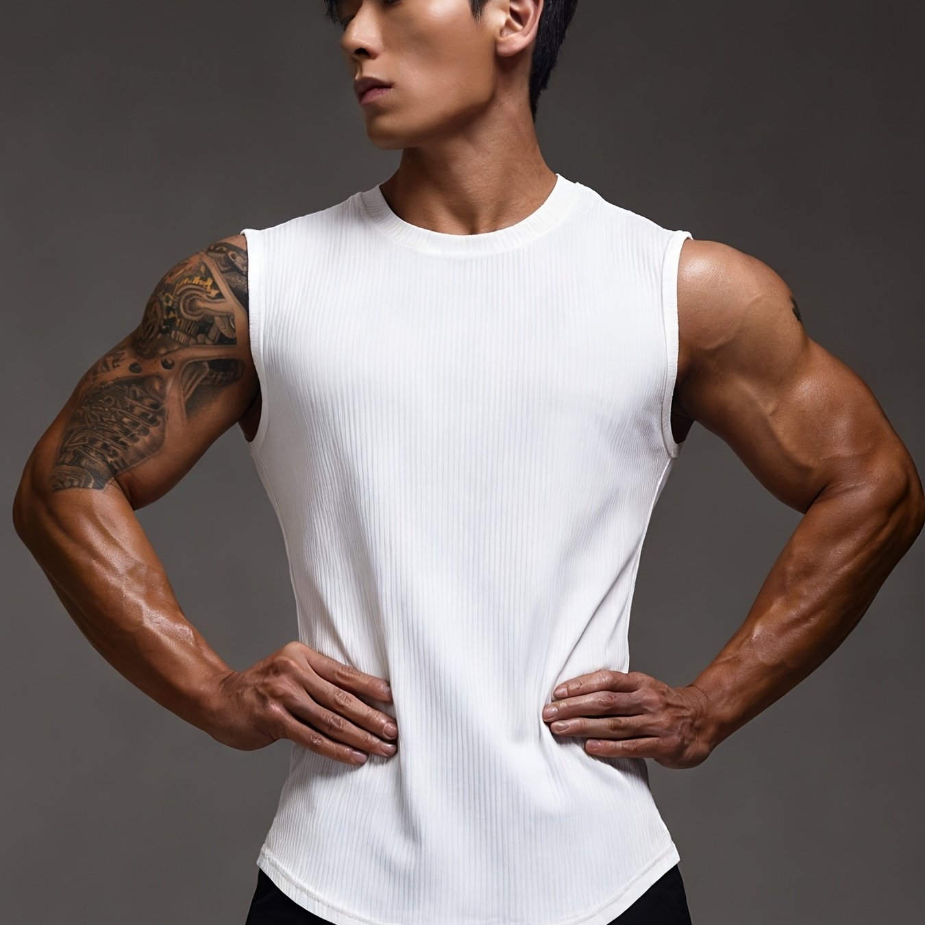 TEMU 남성용 곡선형 밑단 골지 애슬레틱 탱크탑, 라운드 넥 통기성 캐주얼 베이스 레이어