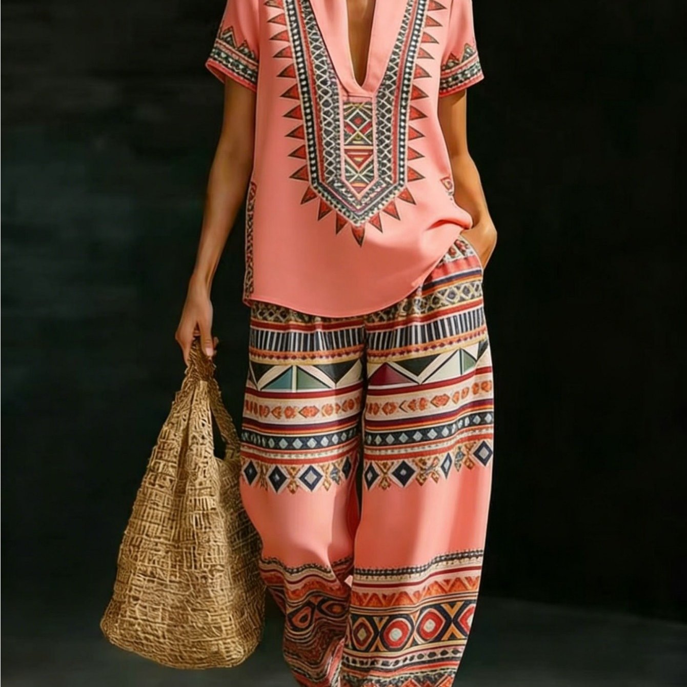 Image of Plus Size - Summer Women'-piece Set Plus Size Women's Set Tribal Geometric Print V-neck Short Sleeve Top And Wide Leg Pants Casual Vacation Outfit Coral Multicolor