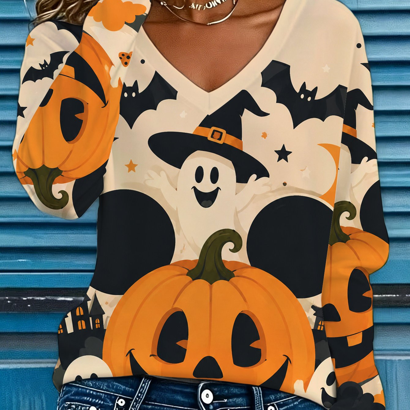 TEMU Halloween Pumpkin Mickey Womens Printed Long Sleeve Tshirt Home Holiday Party Casual Wear
