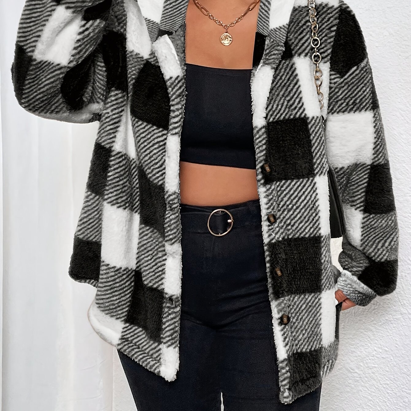 Plus Size, Plus Size Classic Fuzzy Jacquard Solid Color Thick Hooded Single-breasted Warm Versatile Vest Jacket
