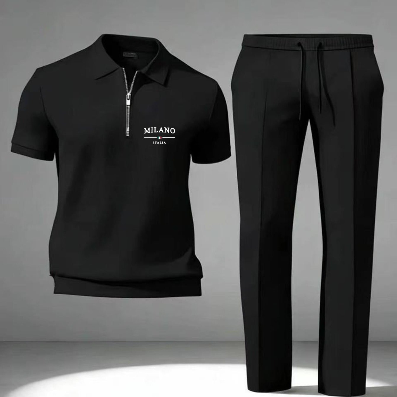 Image of Men's Black Two-piece Set: Lightweight Comfortable Outfit For Restaurant, Office, Or Use, Stylish Zip-neck Top With Matching Trousers