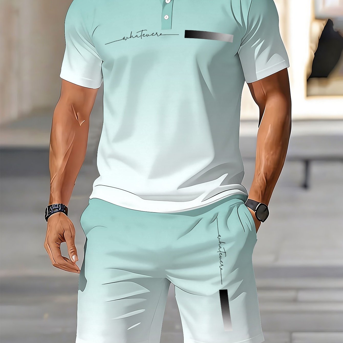 TEMU Men's Shirt Short-sleeve Top And Shorts 2pcs Mint 2pcs Set For Summer , Outdoor Beach Wearbreathable, Lightweight, Quick-dry, Perfect For Park,