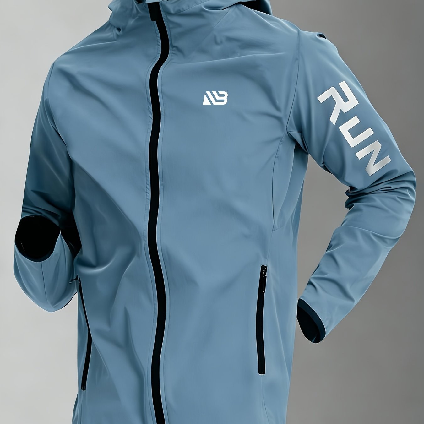 TEMU Men's Spring And Autumn Lightweight Functional Solid Color Hooded Run Print Zipper Jacket, Windproof, Quick-dry For Outdoor Running