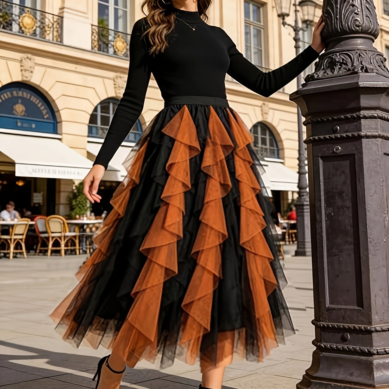 TEMU Spring Autumn Women's Elegant Mid-length A-line Mesh Color-block Skirt Vacation Wear, Party Banquet Dress, Birthday Dress, Wedding Guest Dress,