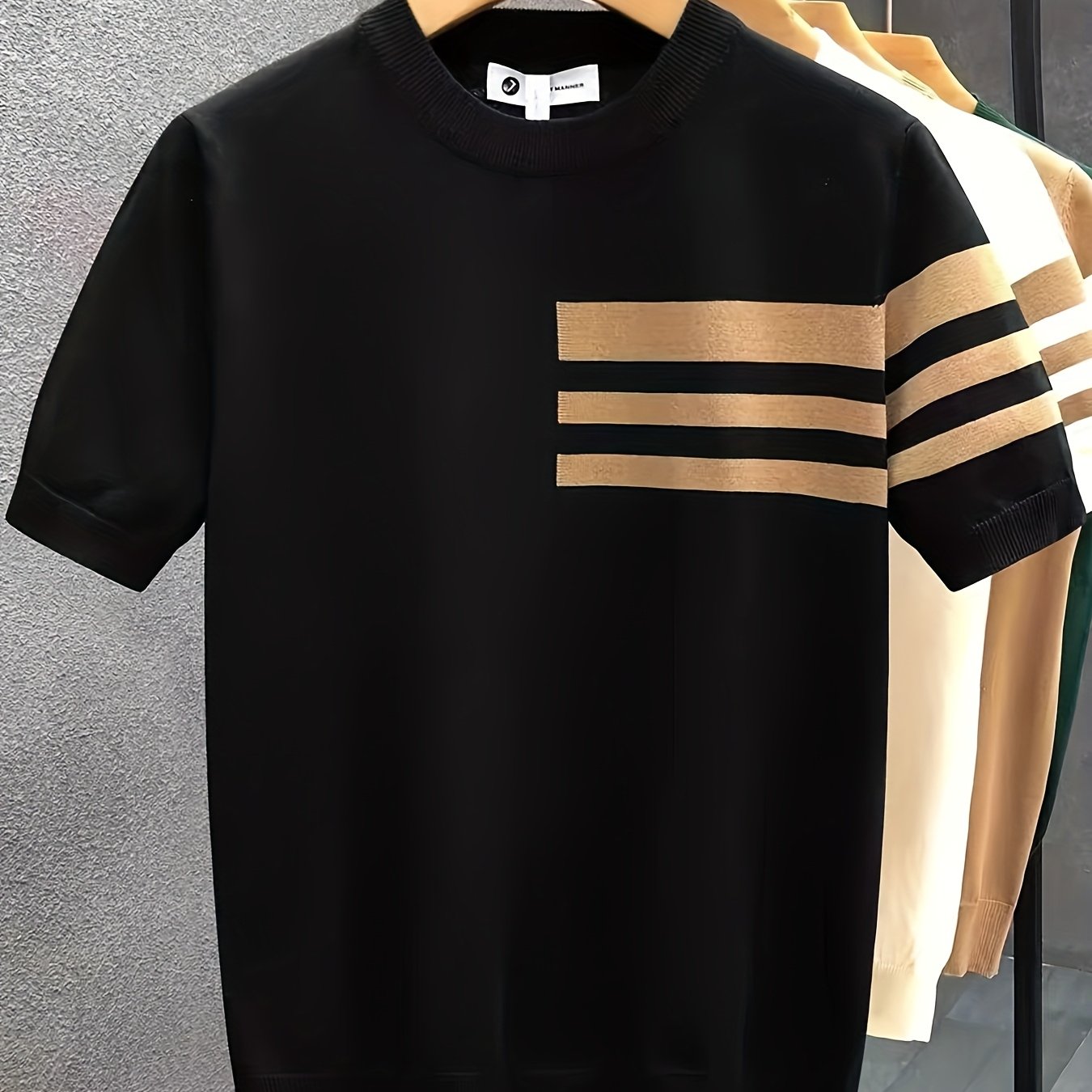 Obm Men's Fashion Summer Block Round Neck Knit Short Sleeve