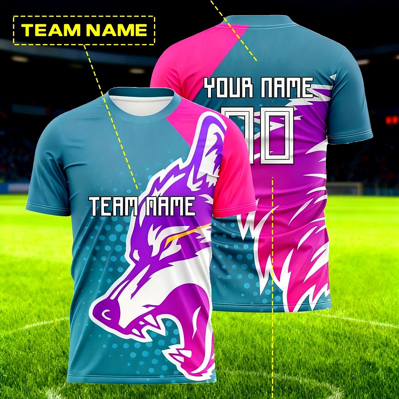 TEMU Camiseta de fútbol para hombre con cabeza de lobo, y número - Camiseta de entrenamiento de equipo personalizada con lobo, bloques de color,