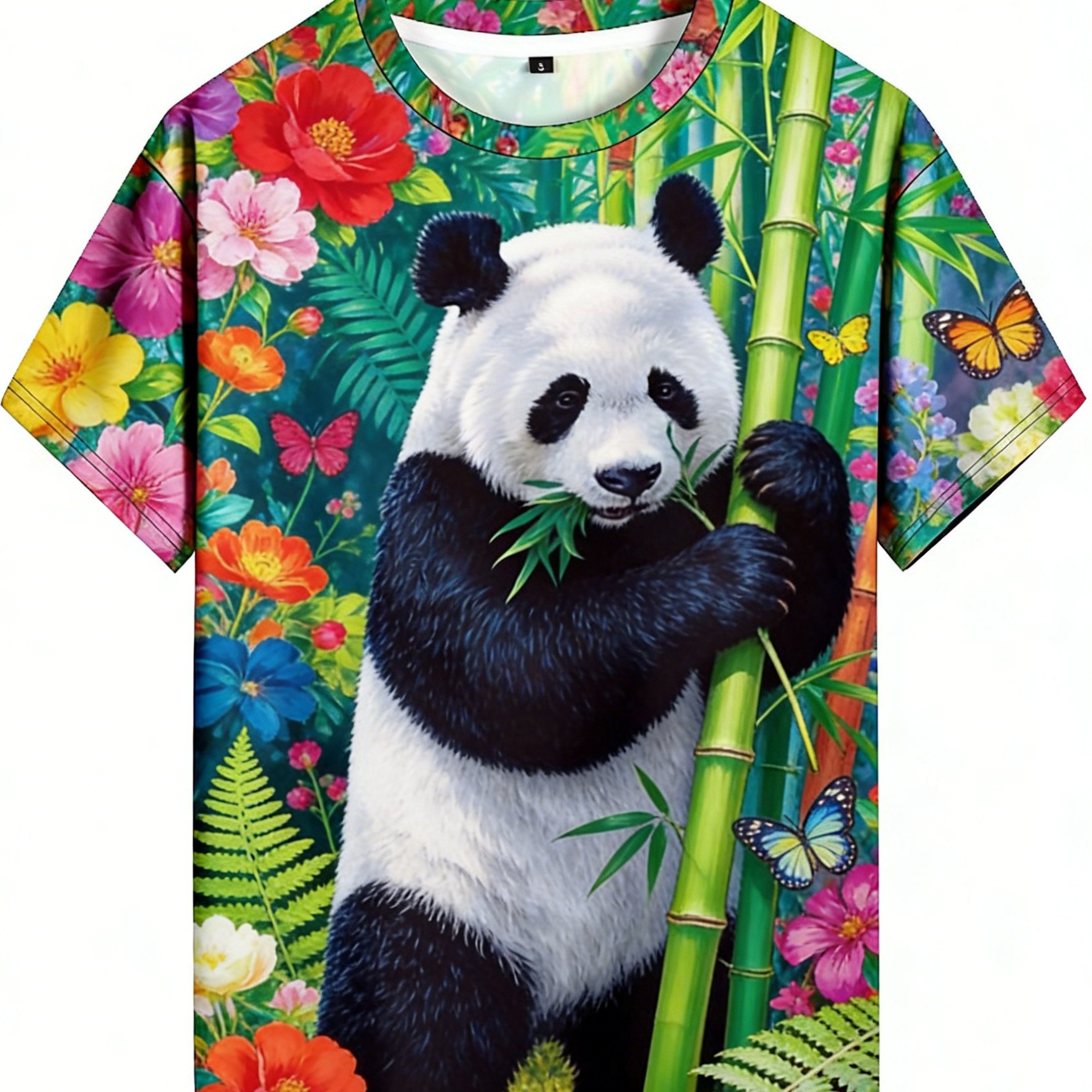 TEMU Style T-shirt, Featuring A Enormous Panda Hugging Bamboo Rayon Rayon And Eating As Body, Surrounded By Colorful Flowers, Butterflies, And Bamboo