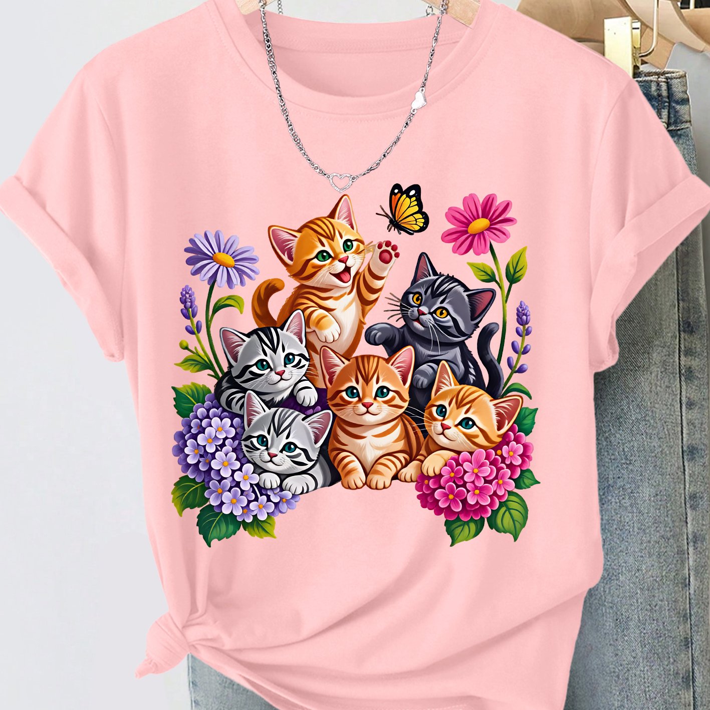 TEMU Plus Size Women's Summer Clothing, Floral Kitten And Cartoon Print Round Neck Short Sleeve T-shirt, Cute And Style, Versatile For , Daily Wear,