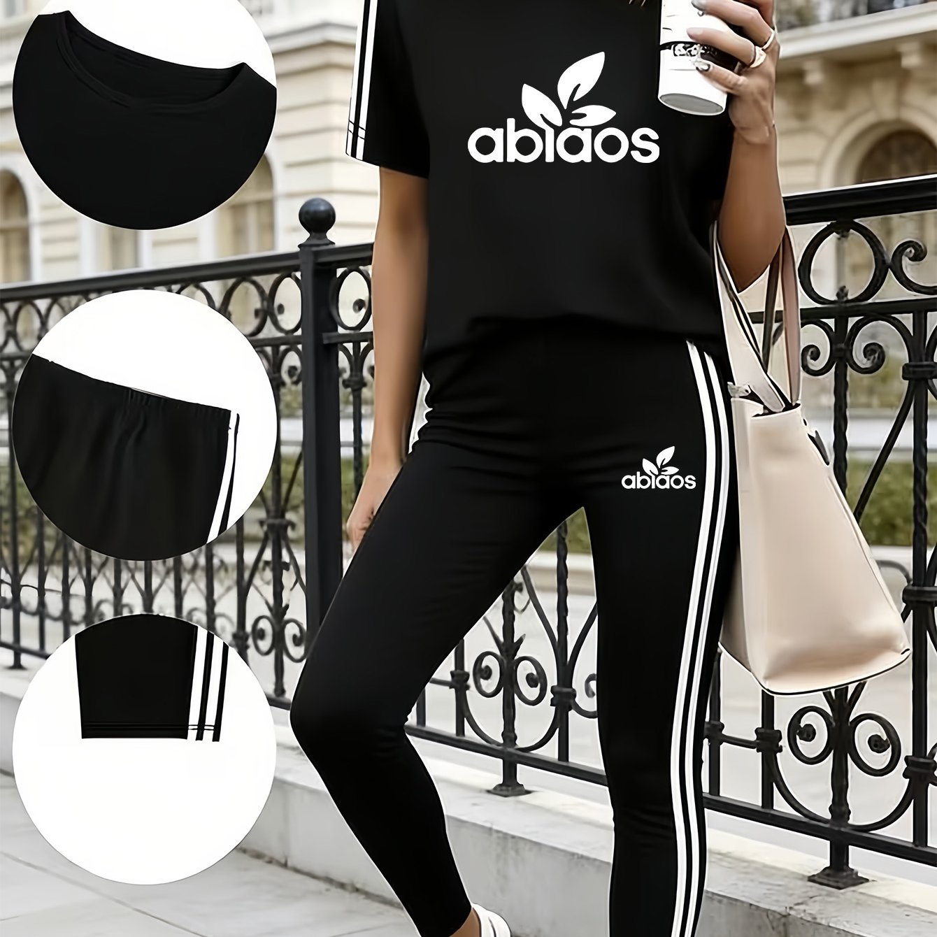 E-shop Damen Sportoutfit für Frühling und Sommer mit kurzen Ärmeln und langen Hosen, Seitenstreifen und Grafikdruck, einfach und personalisierbar für