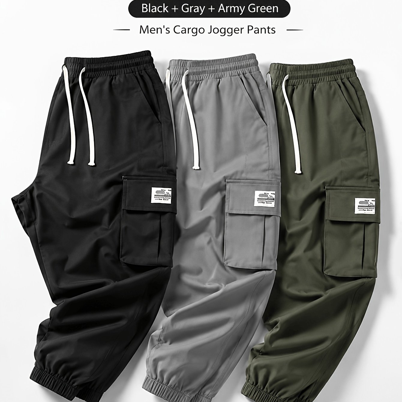 TEMU 3pcs Men's Casual Pants - Casual Overalls - Multiple Flap Pockets, (includes Wristband) Front Drawstring, Outdoor Work Trousers, Running Pants,