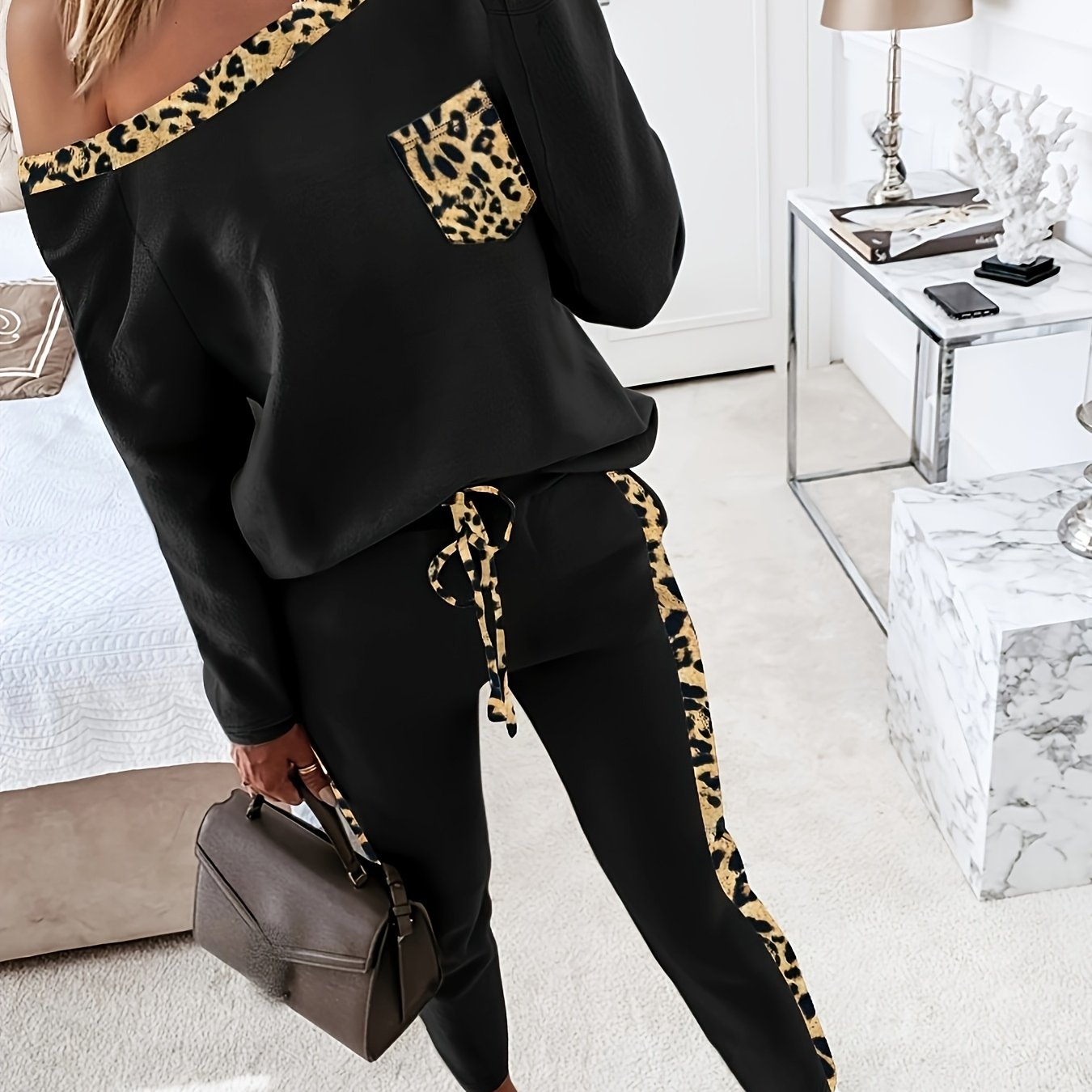 Image of Autumn Winter Women's Off-shoulder Neck Leopard Print Long Sleeve Top And Tie-back Long Pants 2pcs Set Dp111570