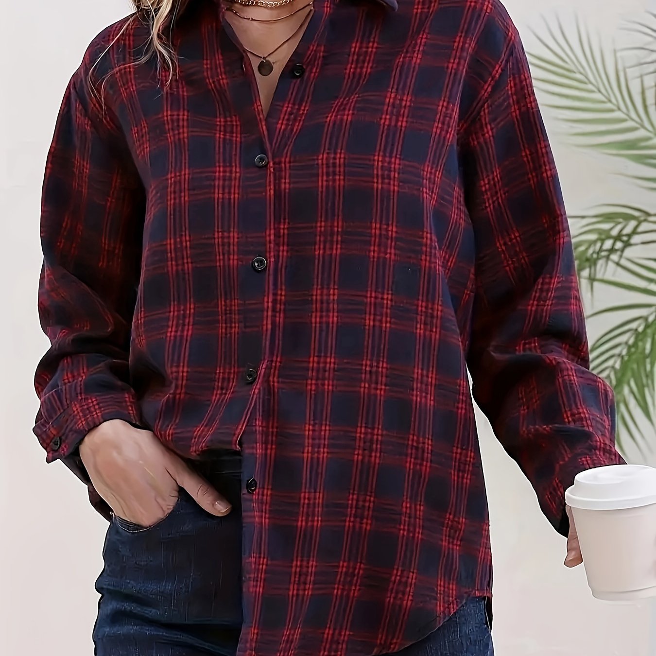 TEMU Camisa Frontal Con Botones A Cuadros, Camisa Informal De Manga Larga Para Primavera Y Otoño, Ropa De Mujer