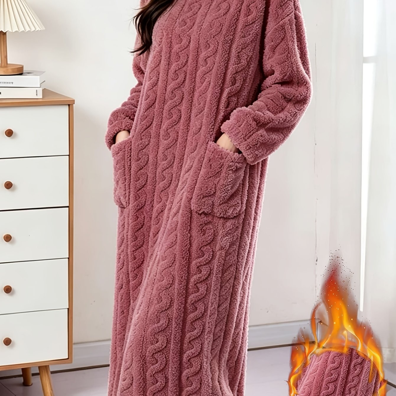 TEMU 1pc Women's Autumn Winter Fleece Pocket Nightgown, Casual Comfortable Thick Long Sleeve , Solid Color Women's Robe Suitable For Outdoor Wear