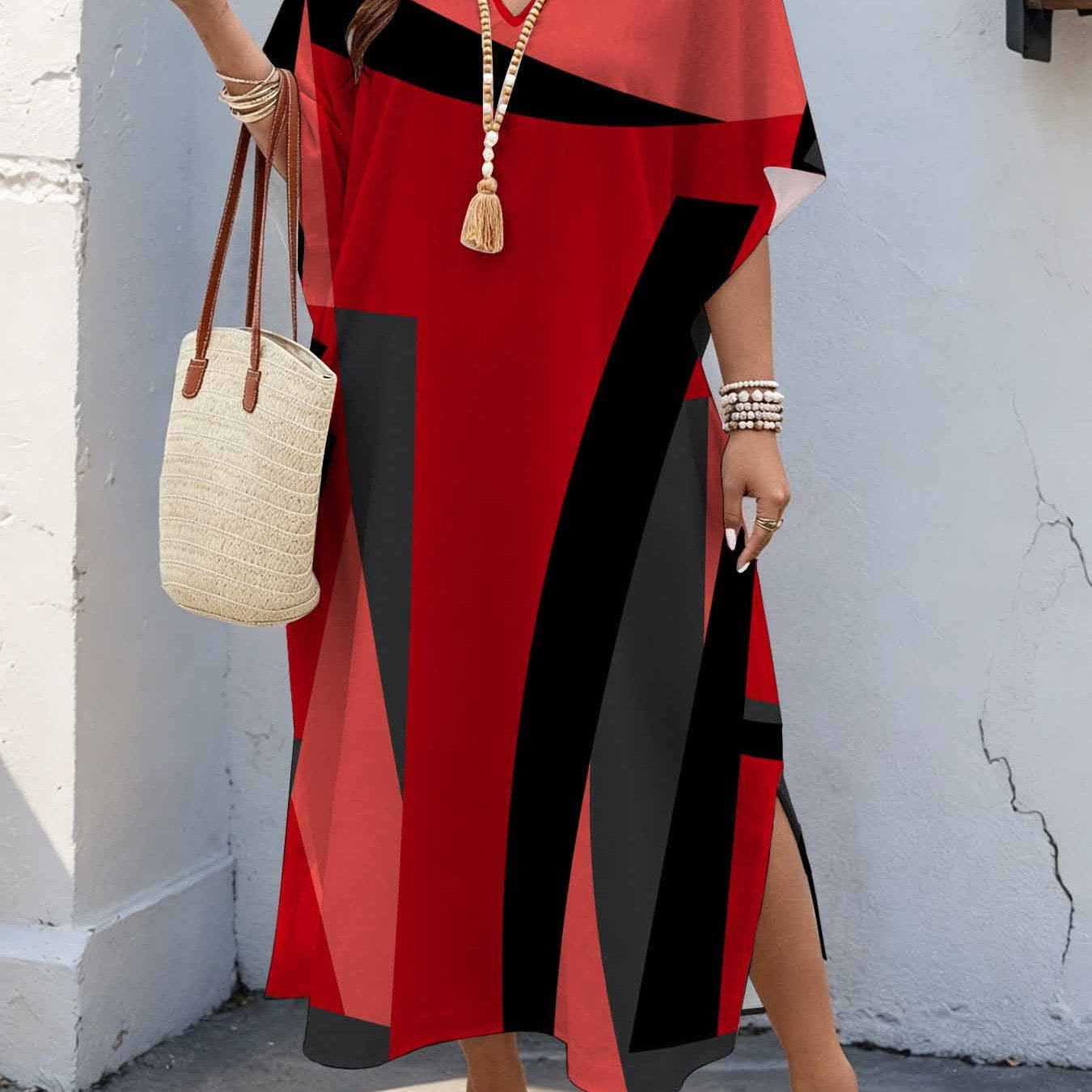 Image of Plus Size Women's 08xl Modern Artistic Style, Geometric Abstract Red Print Maxi Dress, V-neck Batwing Sleeve Dress With Double Side Slits, Loose Casual Summer Dress For Curvy Women