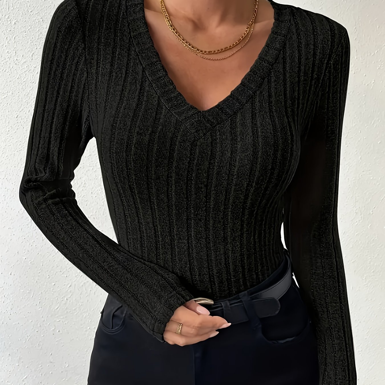TEMU Women's Fashion Striped Long Sleeve V-neck T-shirt