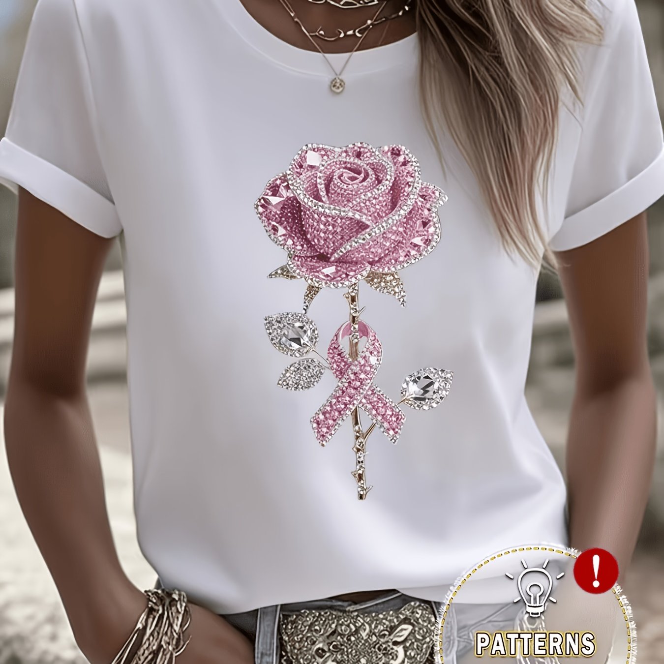 TEMU Exquisite Light Crystal Rose Print White T-shirt For Women, Loose Fit Casual Short Sleeve, Essential For Summer Daily Wear,, Figure-flattering,