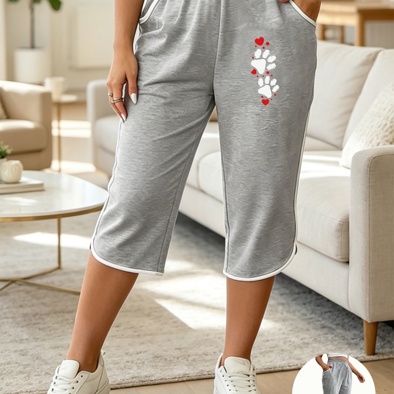 TEMU Plus Size, Women's Plus Size Casual Outing Capri Pants With Binding Strips, Double Side Pockets, Comfortable, Breathable, Versatile, And