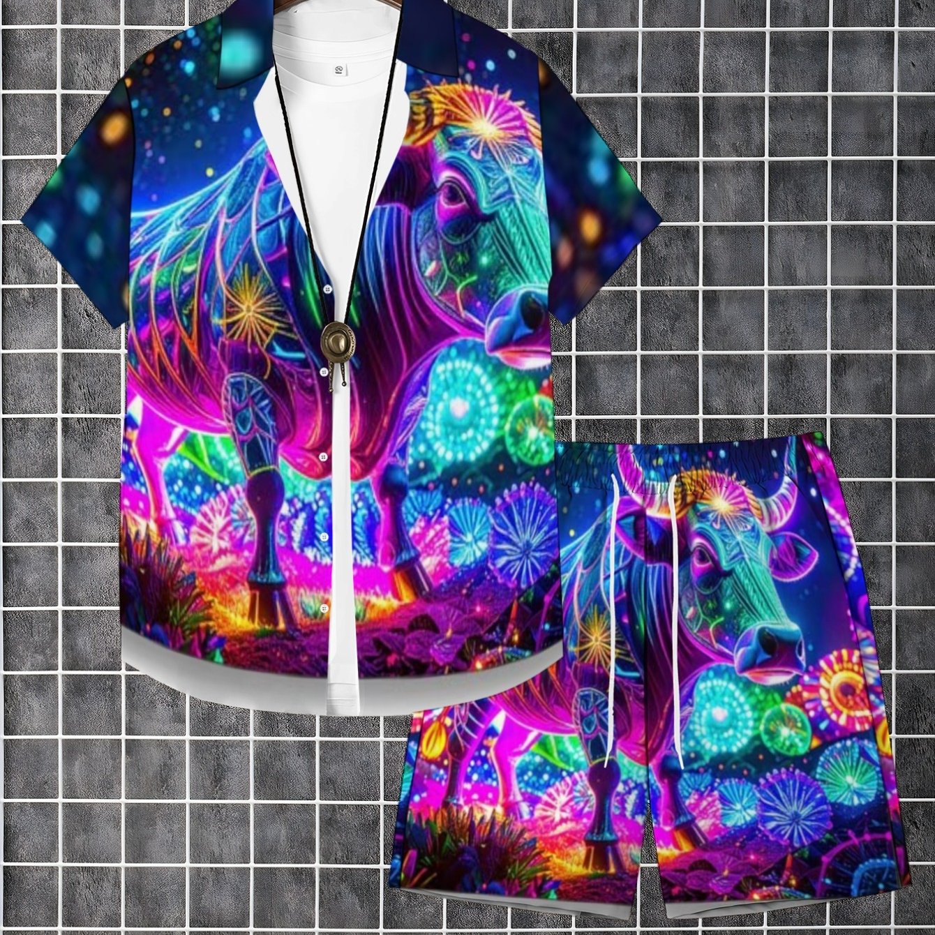 TEMU Vibrant Neon Unicorn Print Short Sleeve Shirt And Shorts Set For Beach Parties, Lightweight And Comfortable Outfit In Colors, Perfect For Summer