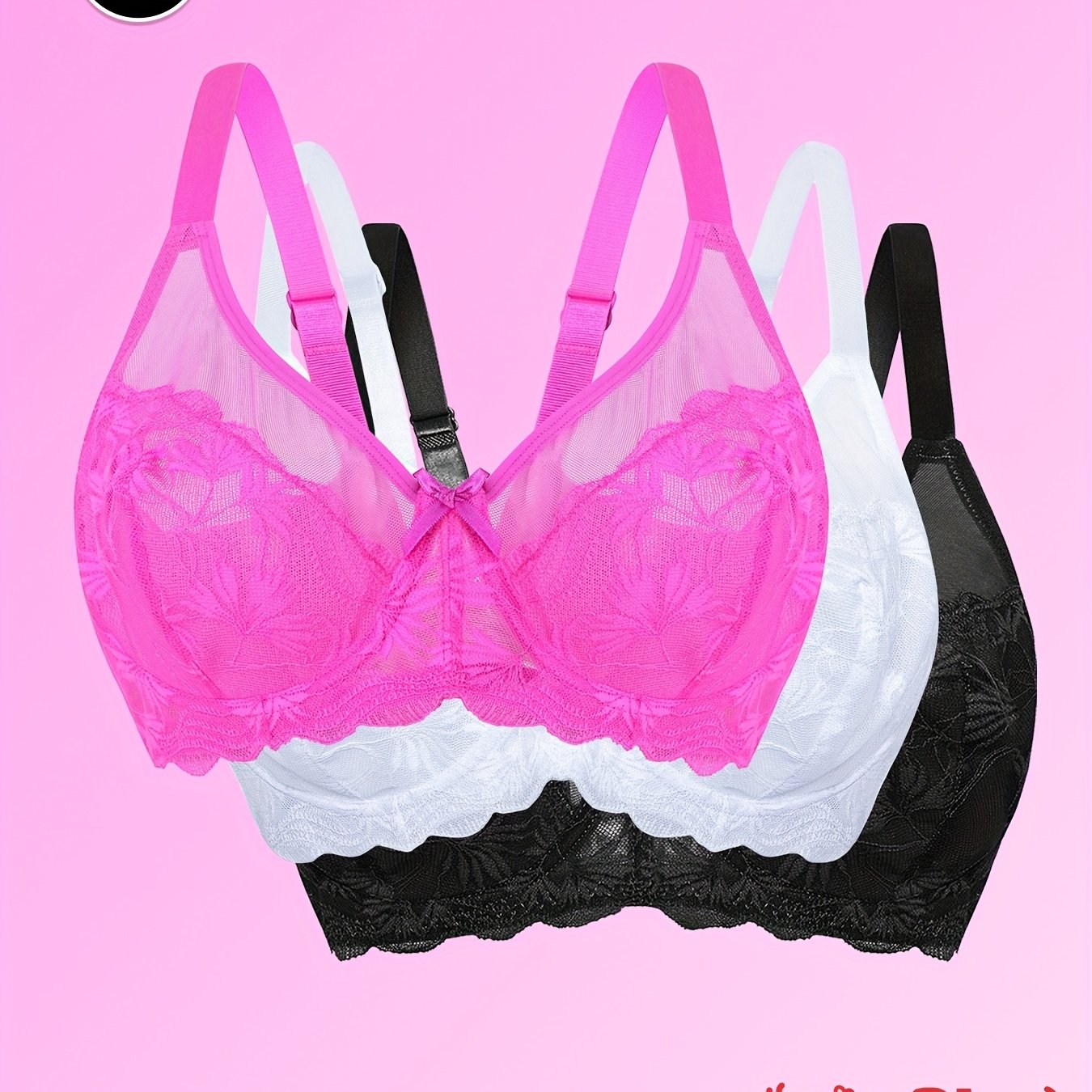 3pcs Plus Size Lace Bras For Women, Semi Transparent Unpadded Mesh Full Coverage Bras