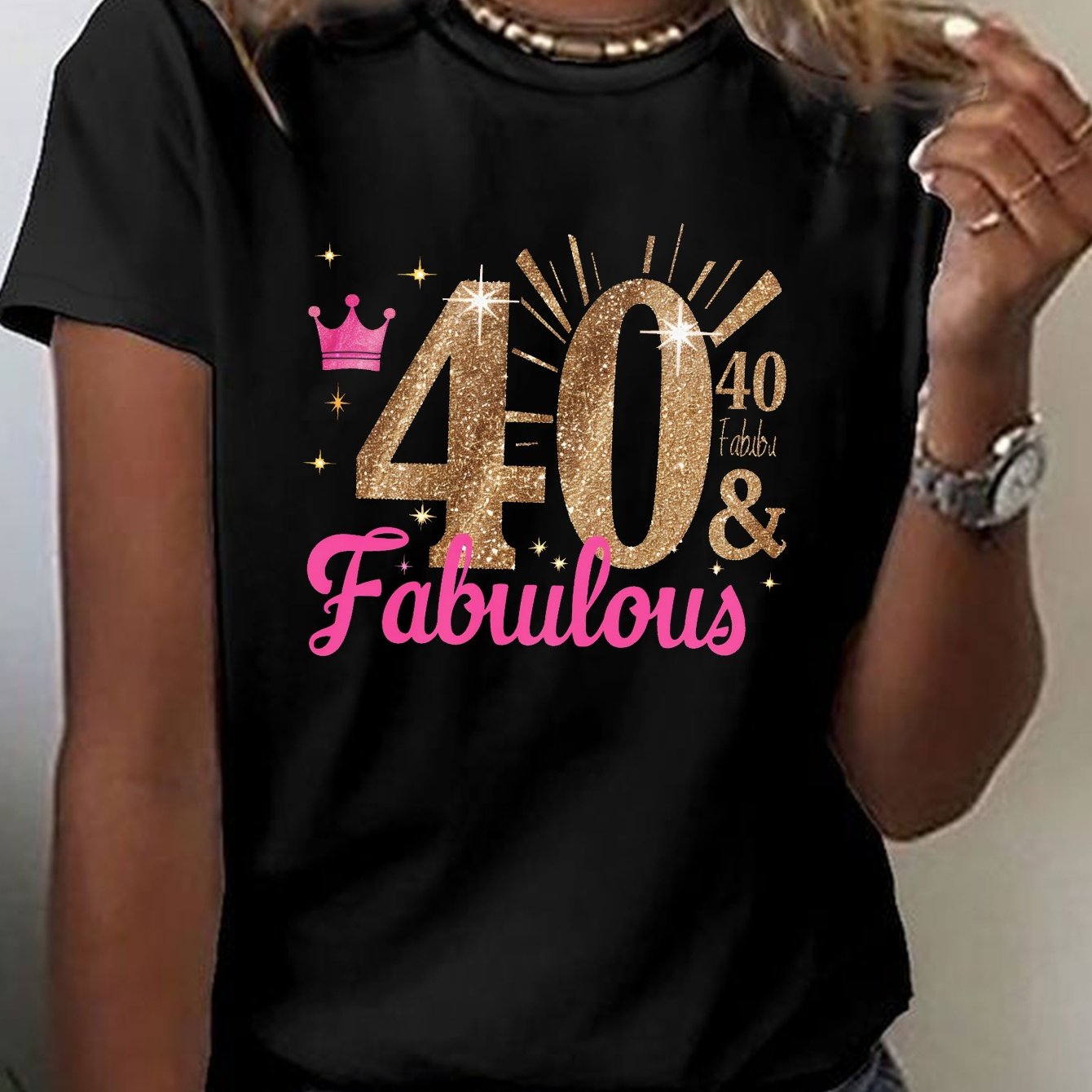 TEMU 40 T-shirt, Short Sleeve Crew Neck Casual Top For Summer & Spring, Women's Clothing