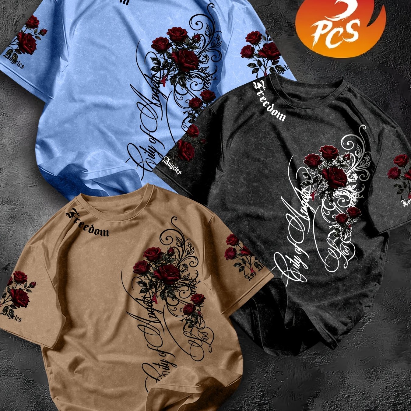 TEMU Men's Graphic Print Crew Neck T-shirt 3pcs Set, Men's Summer Casual Short Sleeve Three-pc