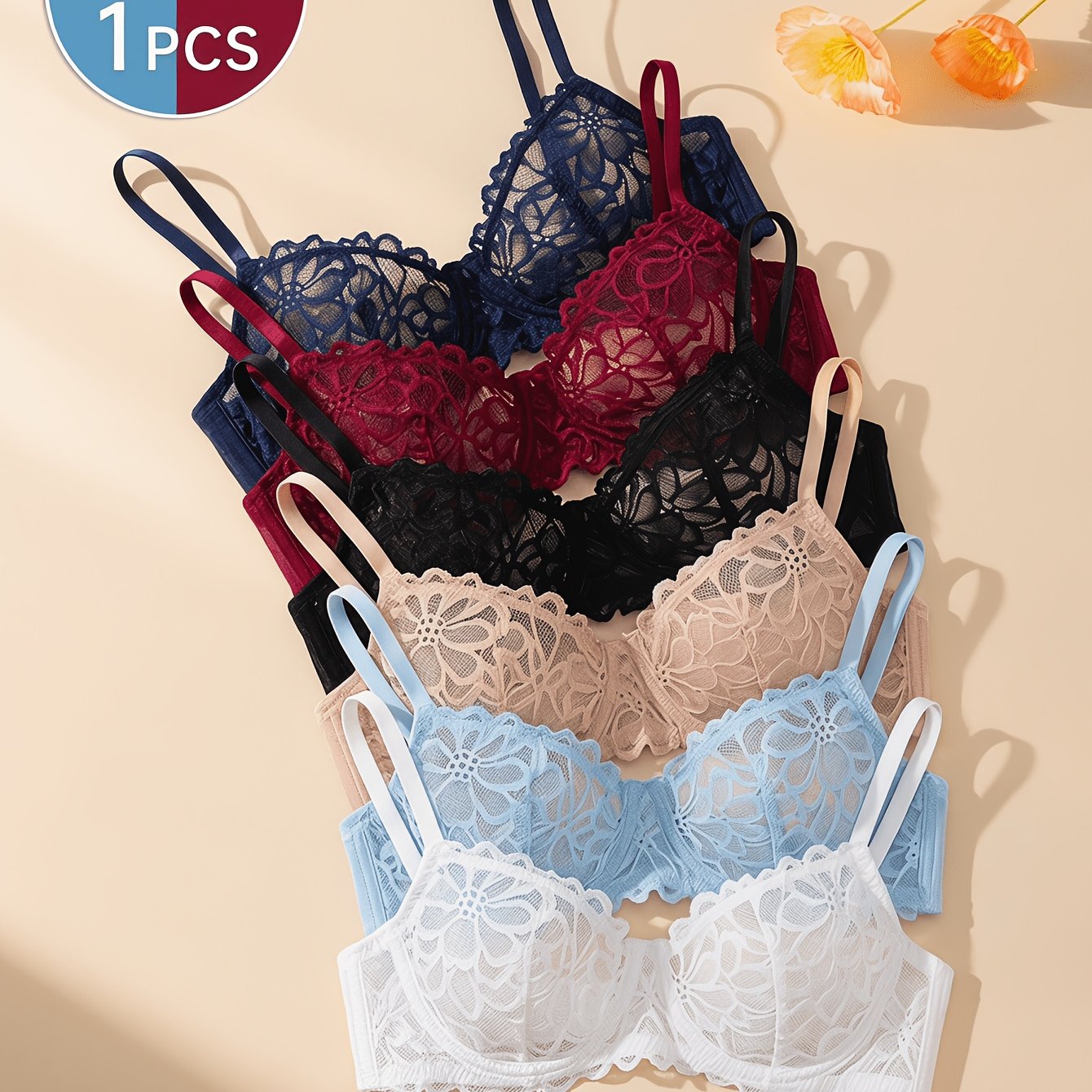 TEMU Women's Lace Underwire Bra | Random 1pc Pack | Mesh Breathable Style | Sexy Design | Basic Everyday Underwear