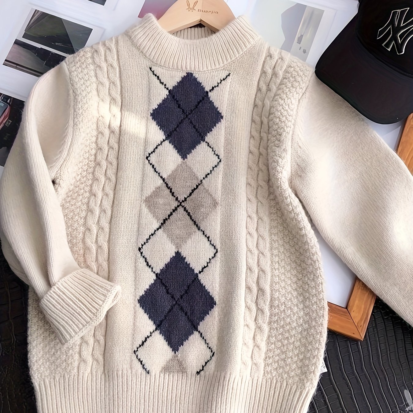 Image of Mid-sized Diamond Patterned Jacquard Turtleneck Sweater For Autumn And Winter, School Clothes For, Christmas, Halloween