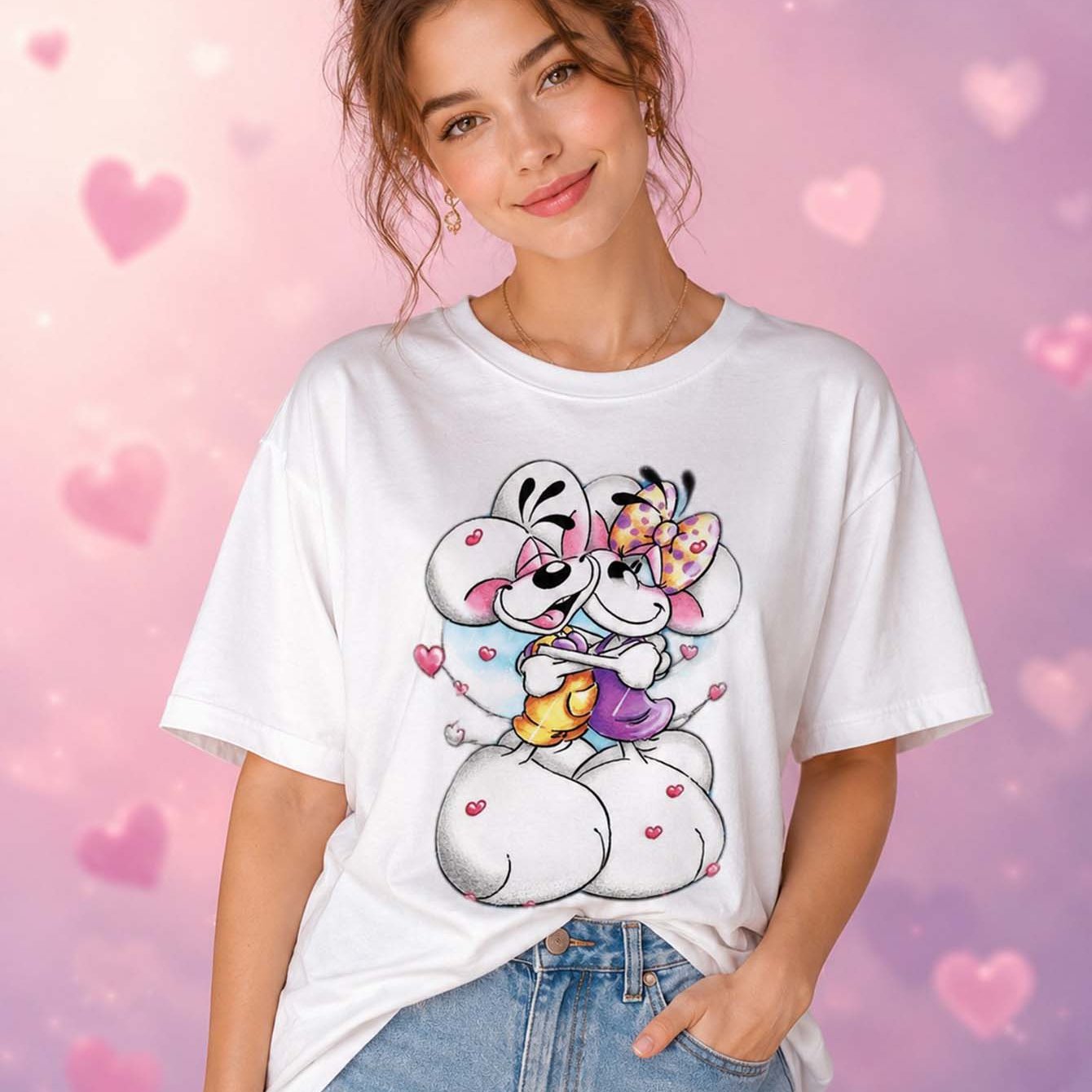 Cute Cartoon Mouse Couple Love Heart Print Women Loose T-shirt Casual Short Sleeve White Oversized Tee Daily Wear Gift
