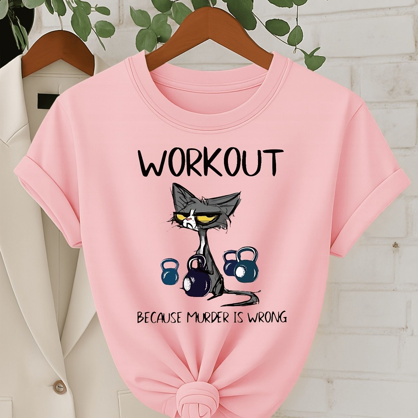 TEMU Γυναικείο T-Shirt Γυμναστικής "Γυμνάζομαι Γιατί Η Είναι Λάθος" με Σχέδιο Γάτας & Kettlebells - Μαύρο, Casual Μικρόμάνικο Με Στρογγυλή Λαιμόκοψη,