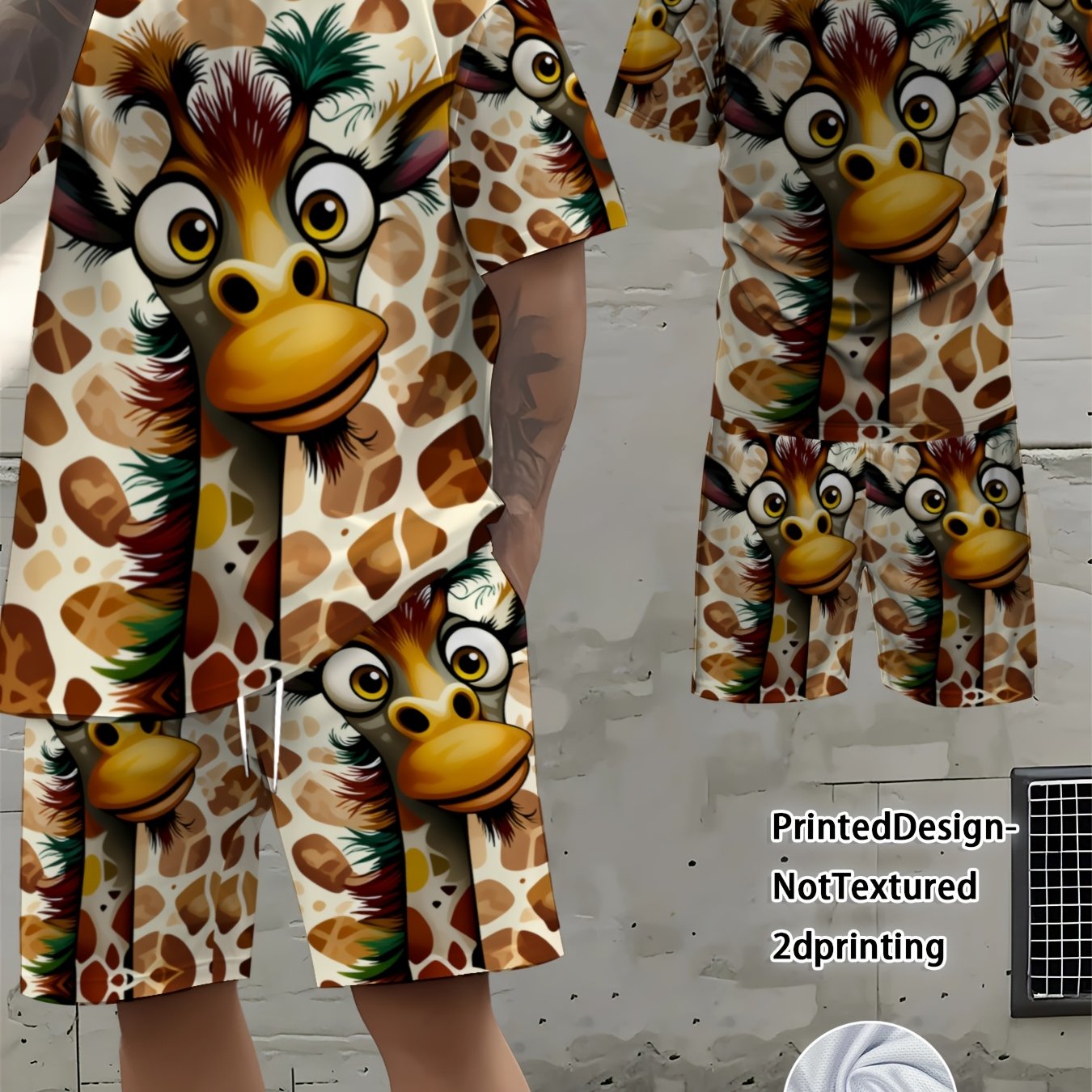 TEMU [new Arrival] Men's Novelty Clothing Set, Cartoon Giraffe Printed Design, 2d Printing, Short Sleeve & Shorts, Polyester Material, Mixed Color,
