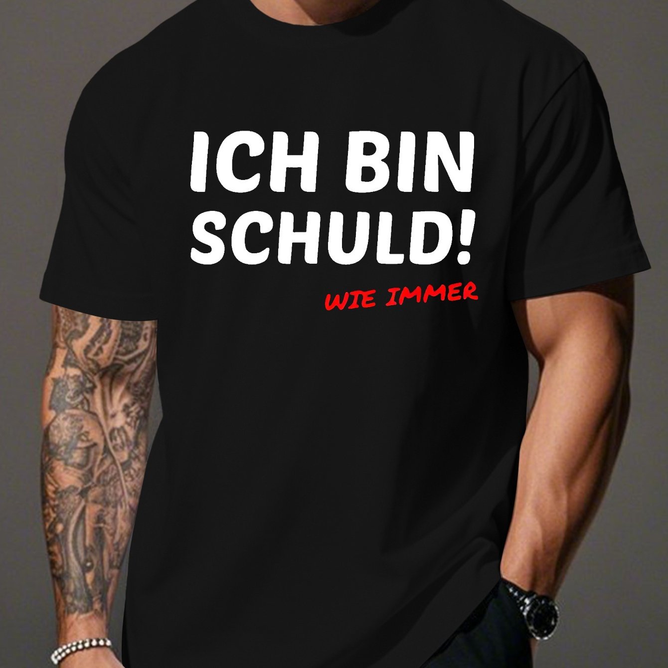 TEMU Men's Plus Size Funny German Humor T-shirt - "ich Bin Schuld!" Print, Casual Crew Neck, Short Sleeve, Stretch, Summer Tee For Adults, Casual