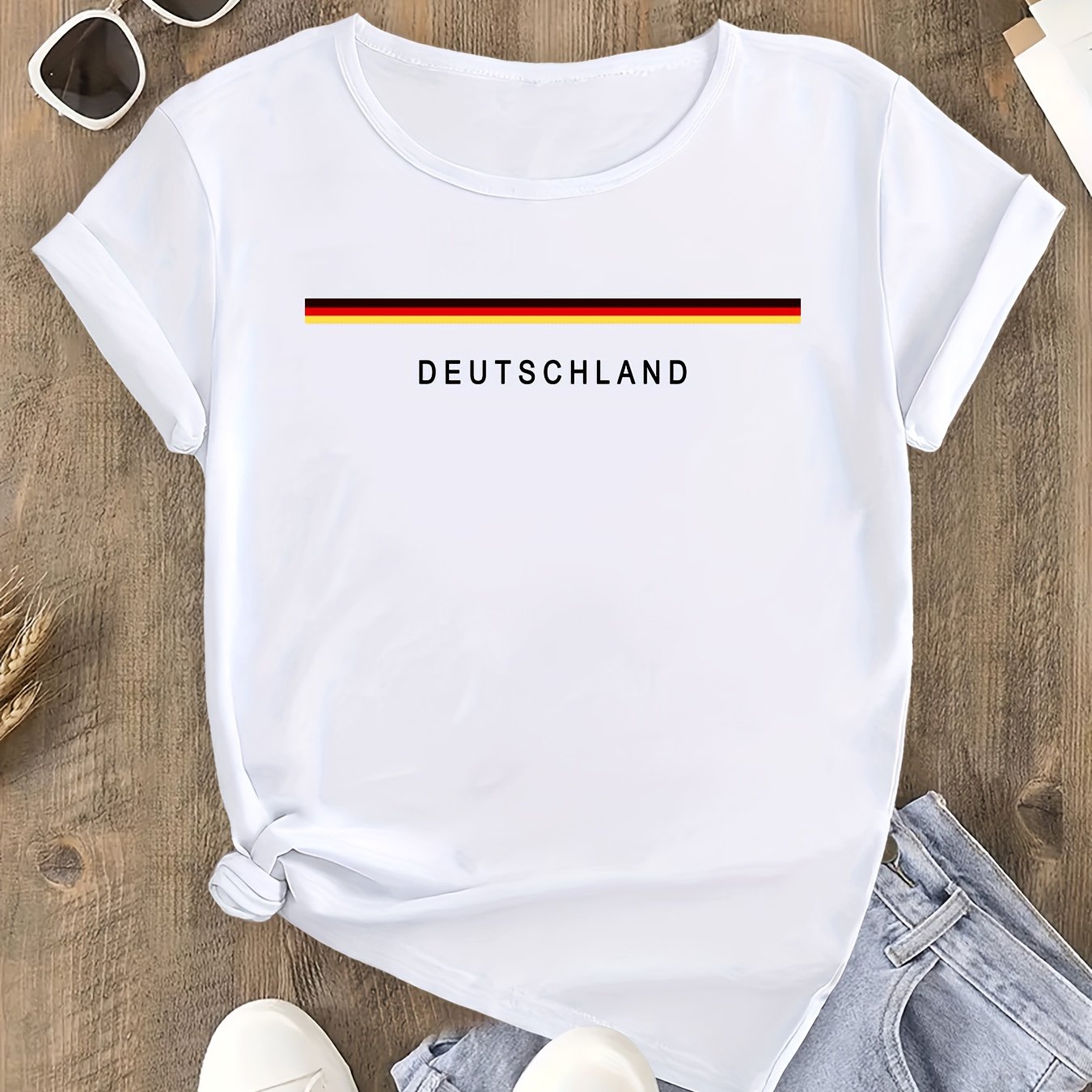 TEMU Deutschland Germany Flag Long Horizontal Stripe Summer Fashion Casual Sports Short Sleeve T-shirt