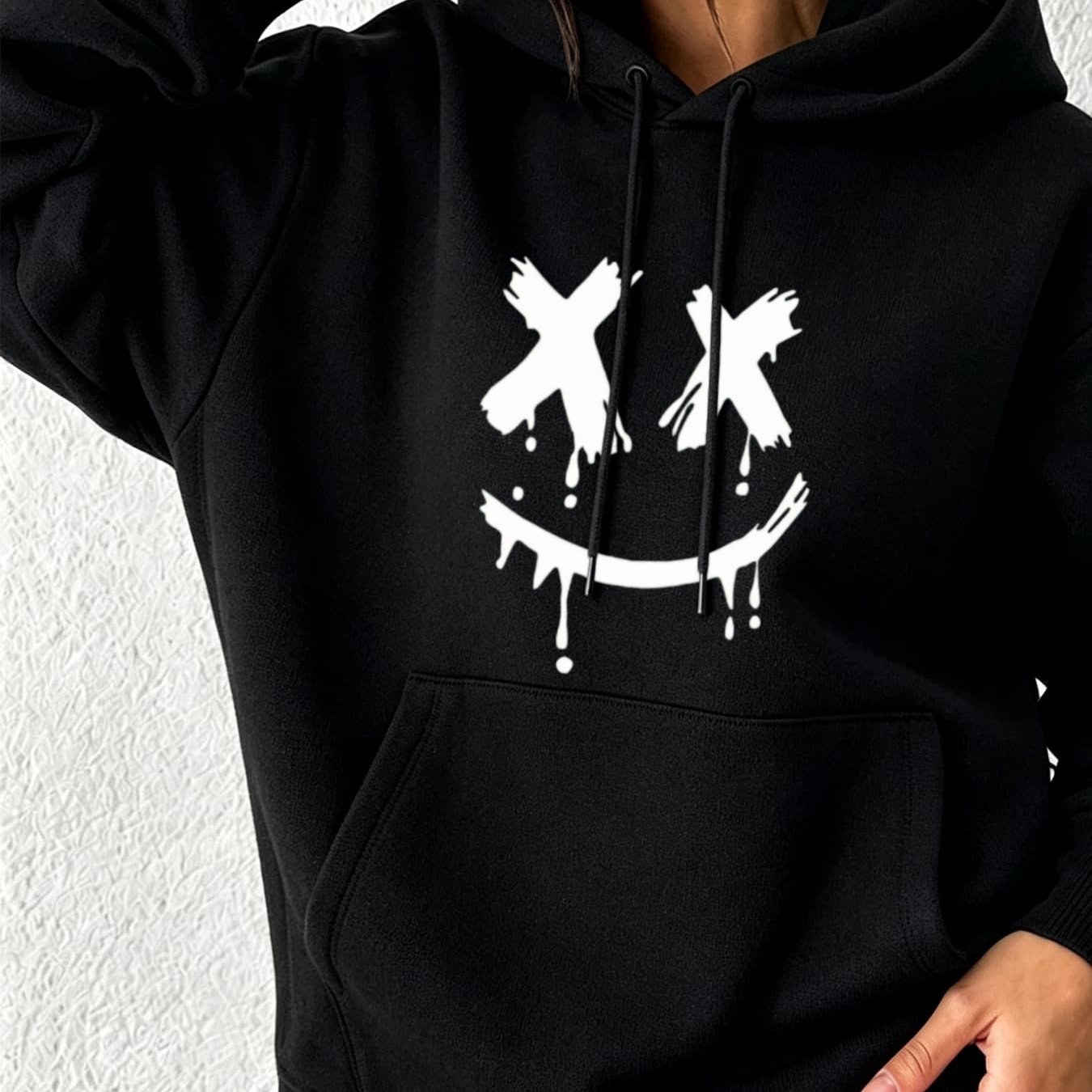 Image of Autumn Winter New Hoodie For Women Loose Fit Casual Sweatshirt With White Graffiti Smiling Print Drawstring Hood Kangaroo Pocket Long Sleeve Street Style Warm Comfortable Sporty Fashion Trend