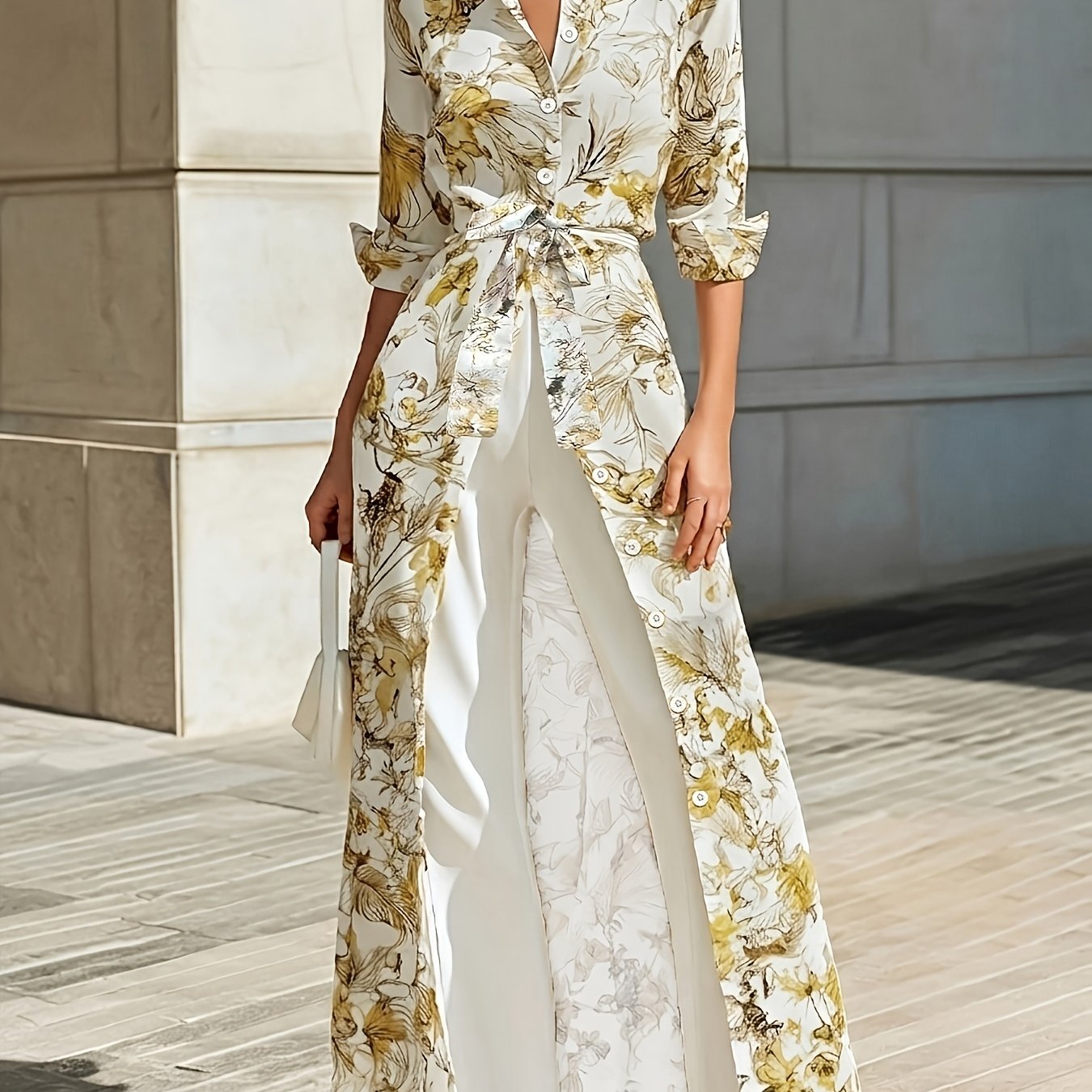 TEMU Qd260508177 Women's Bohemian Style Small Floral Print Lapel Single-breasted Long Sleeve Bow Waist Shirt Dress