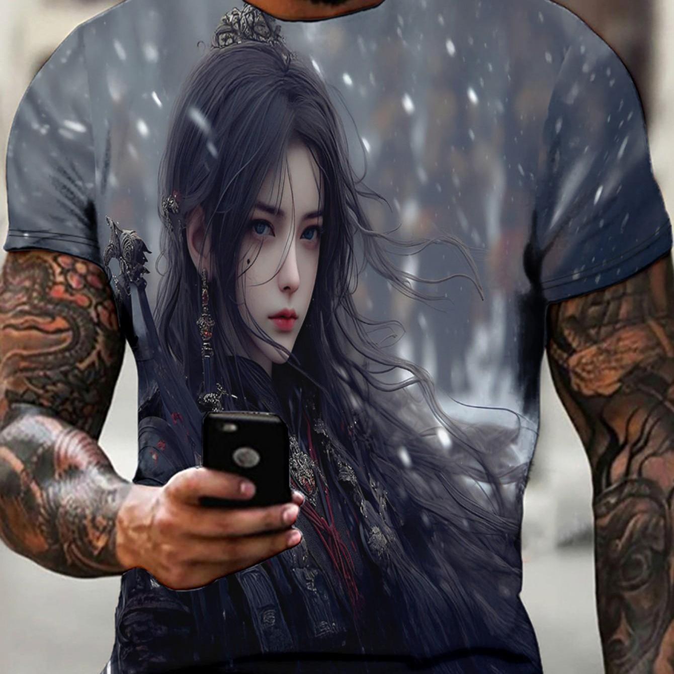 TEMU 남성용 플랫 디지털 프린트 패턴 - 무지 티셔츠