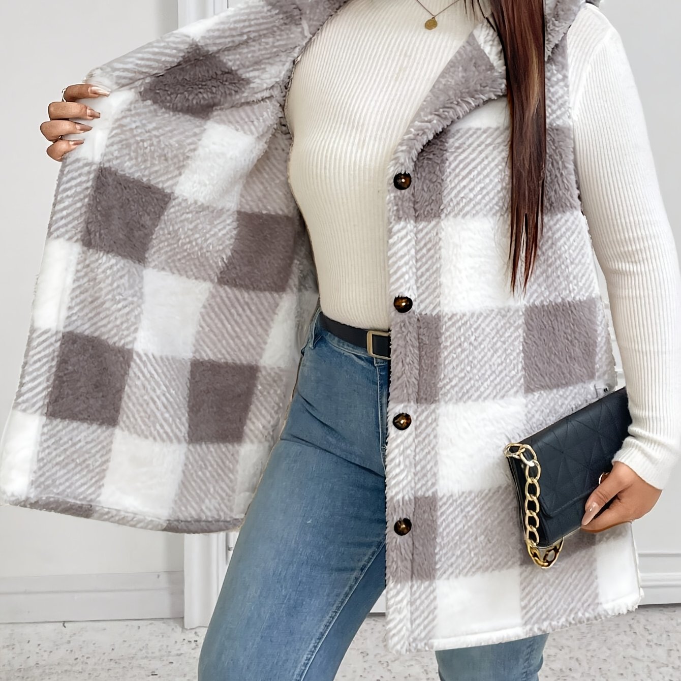 TEMU Plus Size Classic Fuzzy Jacquard Solid Color Thick Hooded Single-breasted Warm Versatile Vest Jacket