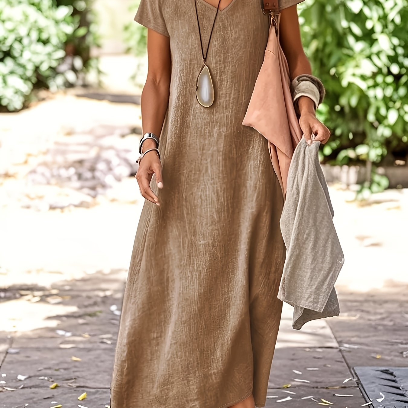 Women's Casual V-neck Short Sleeve Solid Color A-line Loose Long Dress