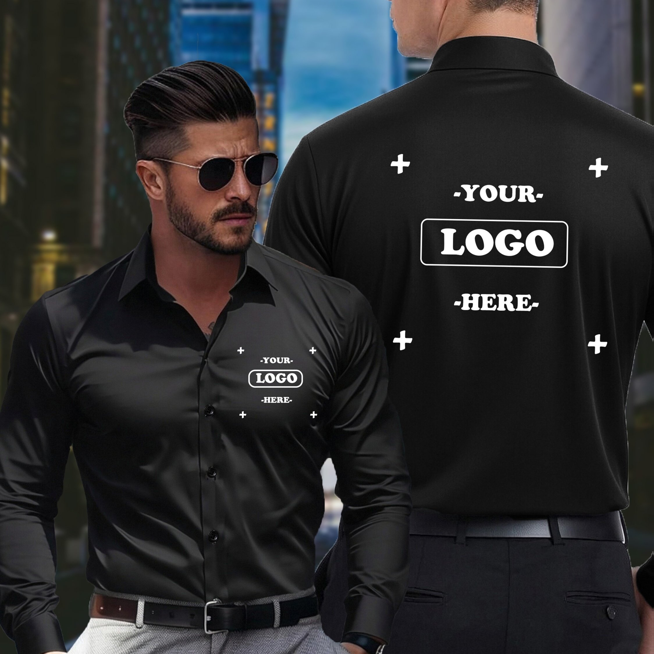 TEMU Men's Front And Back Customizable Logo White Shirt, Light Luxury Golden Button Non-iron Stretch Slim Fit Business Formal Shirt, Printable Logo