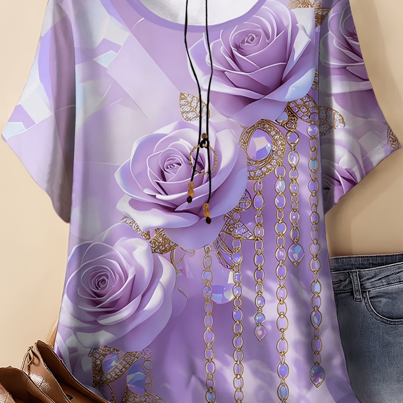 TEMU Plus Size - Plus Size - Women's Casual Floral Print Crew Neck T-shirt - Exquisite Red Flowers And Pendants On A Dark Gray Background. Soft And