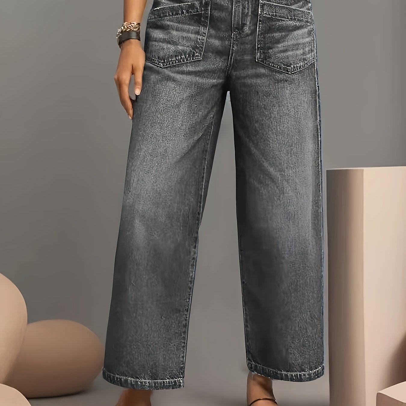 D8812# Stretch Mid-waist Wide-leg Plus-size Jeans, Vintage Washed, Distressed Hem, Slant Pockets, Ankle Pants