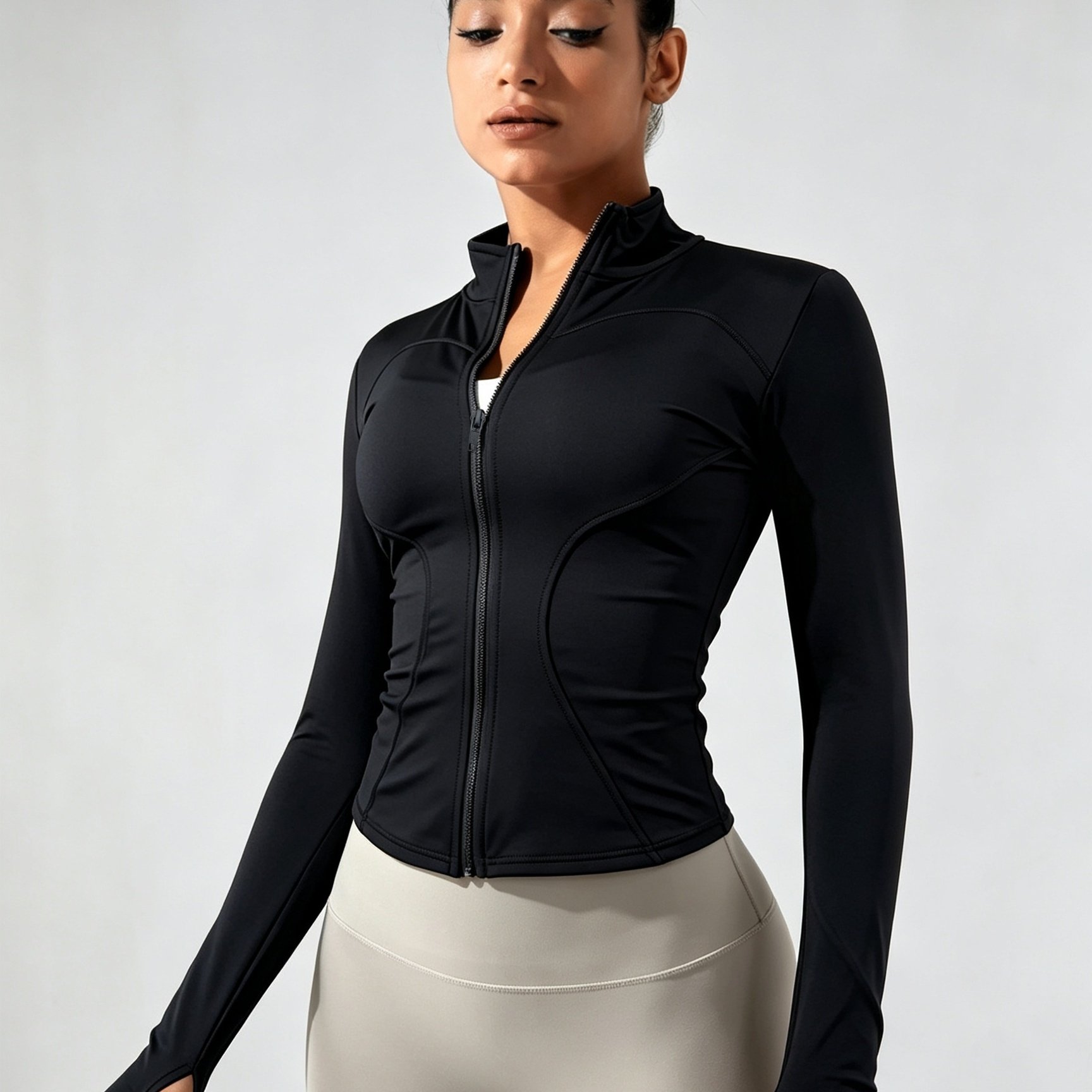 TEMU Giacca aderente con alla coreana e cerniera da donna, top corto a maniche lunghe , asciugatura rapida, elastico, sensazione nuda, cardigan da