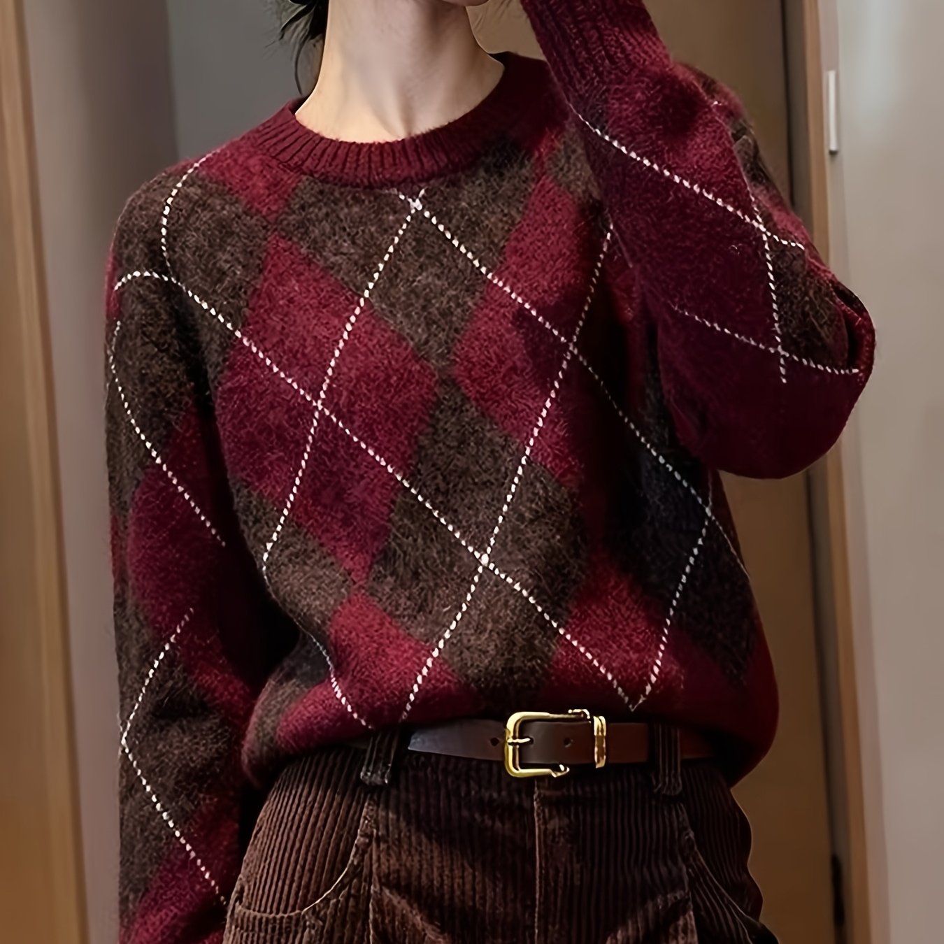 TEMU Lazy Style Diamond Round Neck Sweater Autumn Winter