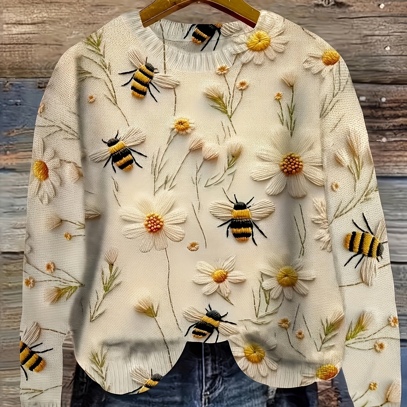 TEMU Flower & Bee Pattern Crew Neck Sweater, Casual Long Sleeve Thin Sweater For Spring & Fall, Women's Clothing