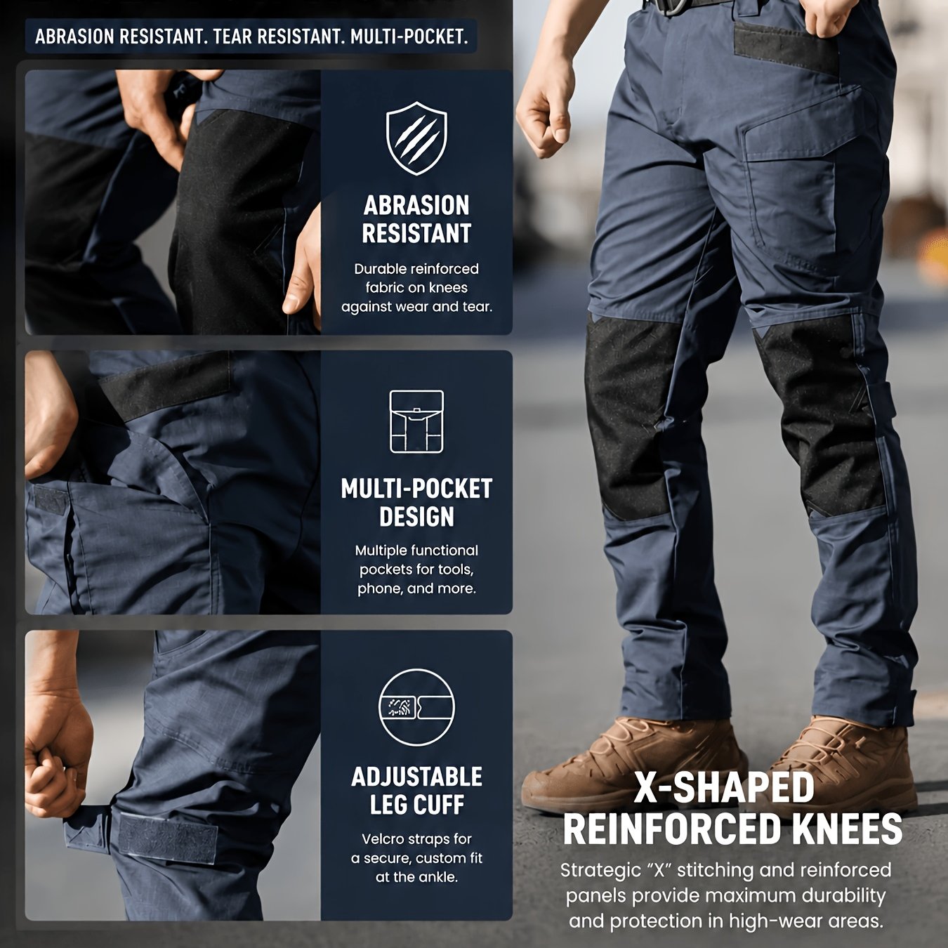 TEMU Spring And Autumn Men's Outdoor Hiking Training Trousers With Knee-reinforced Wear-resistant Design, Plaid Polyester Breathable Fabric,