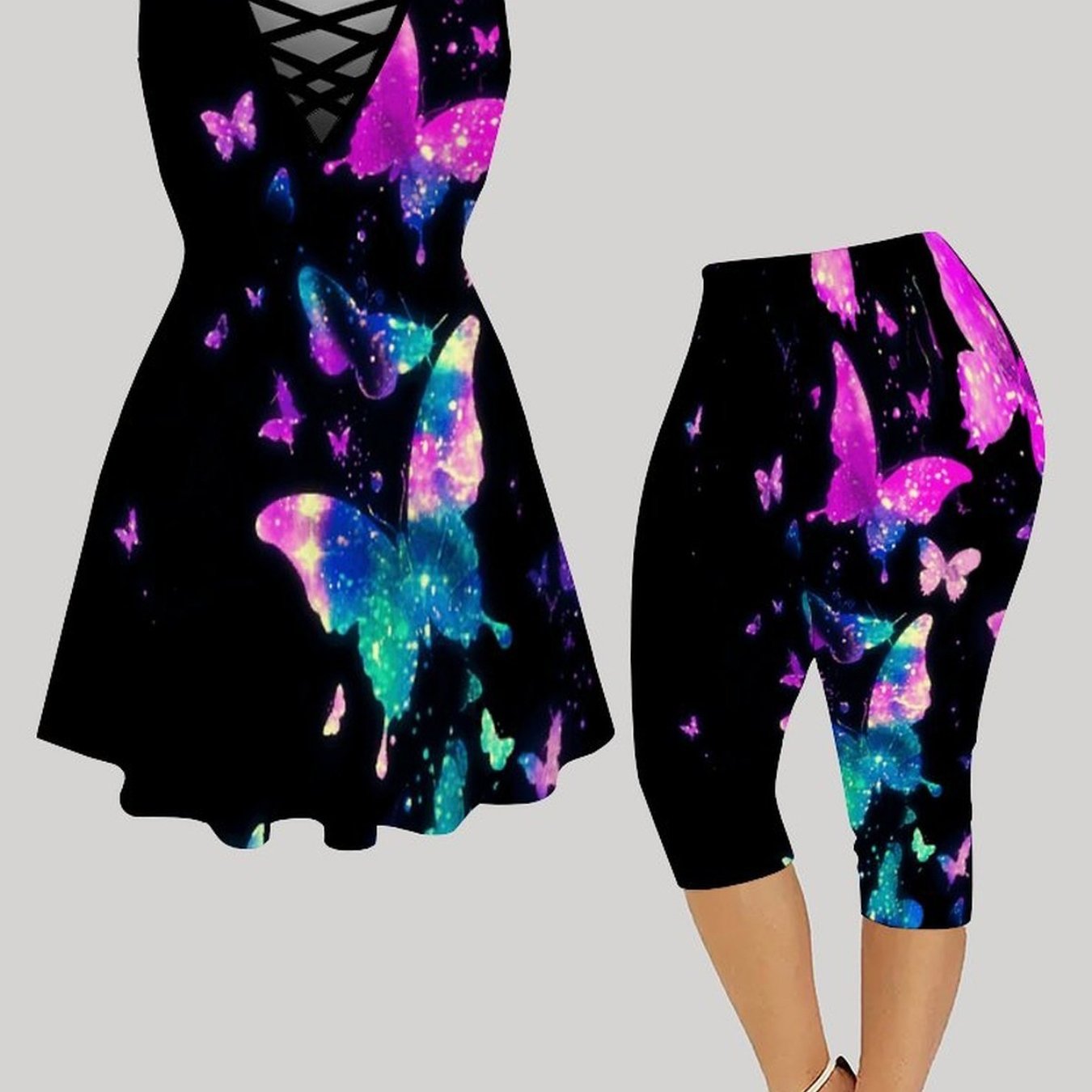 Plus Size - Plus-size Women's Matching Set (crisscross Cami Top Dress And Capri Pants), Classic Trendy Prints, Suitable For Daily Commuting And Parties