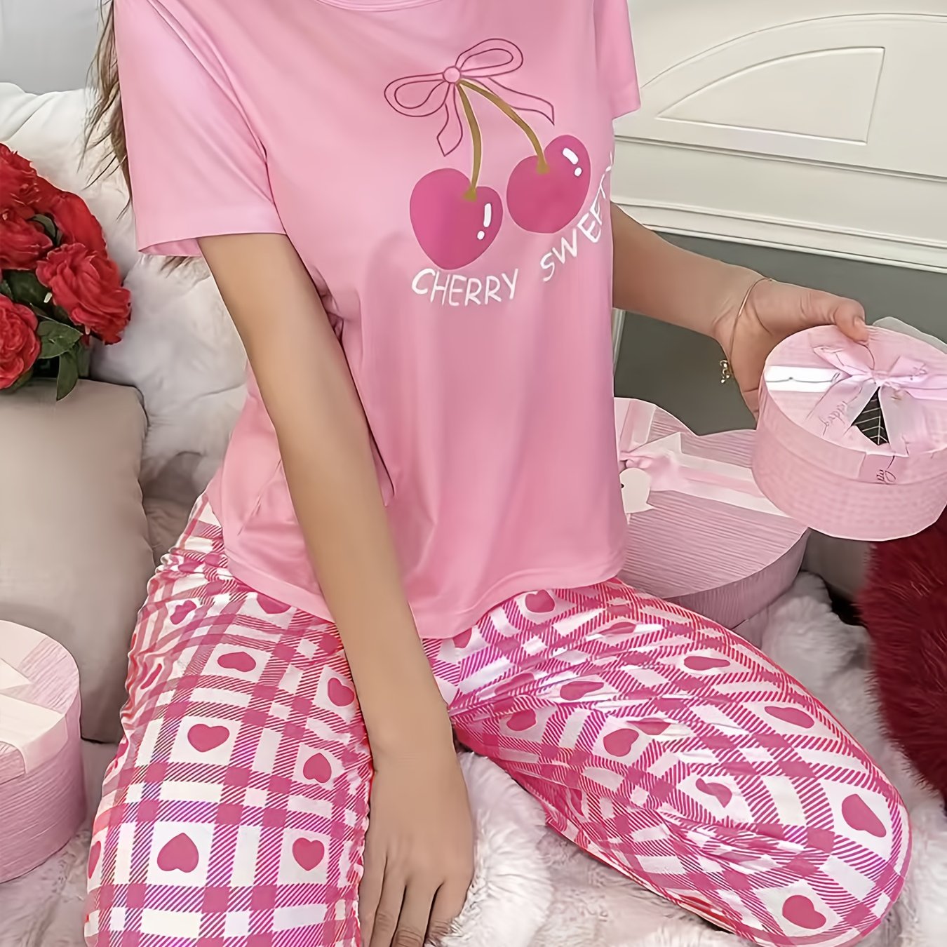 TEMU 여성용 체리 하트 반팔 상의와 체크무늬 바지 파자마 세트