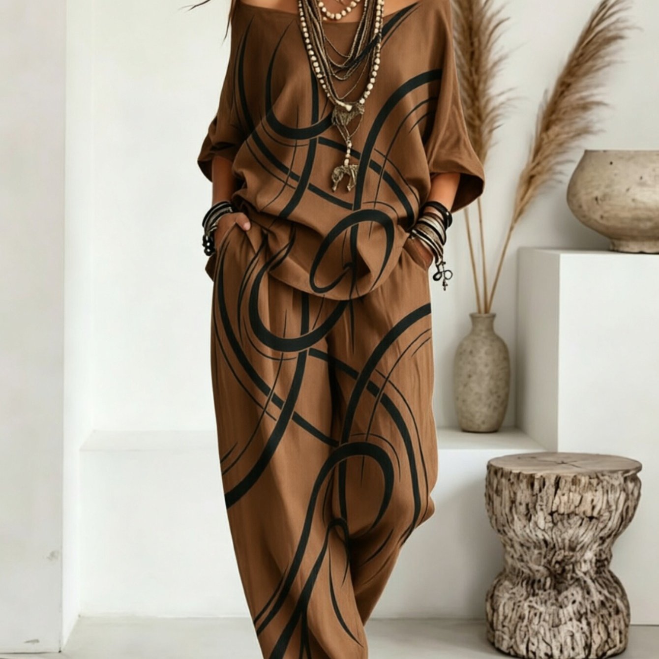 Image of Pack Of 2, Women's Bohemian Two-piece Set, Abstract Curve -word Shoulder Top And Wide-leg Trousers, Daily Leisure Suit