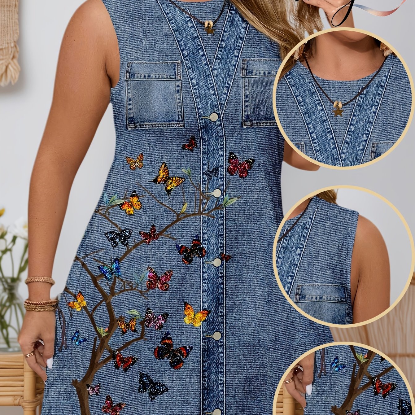 TEMU [Pantalon Imprimé - Non en Denim] Grande Taille - [Pantalon Imprimé - Non en Faux Denim] Grande Taille - Robe Femme Faux Denim Imprimée Col Rond